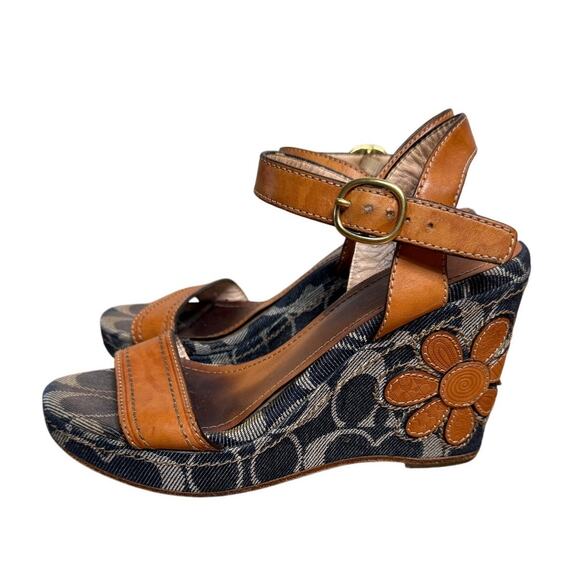 Coach Brown and Blue Wedge Sandals - Picture 2 of 5